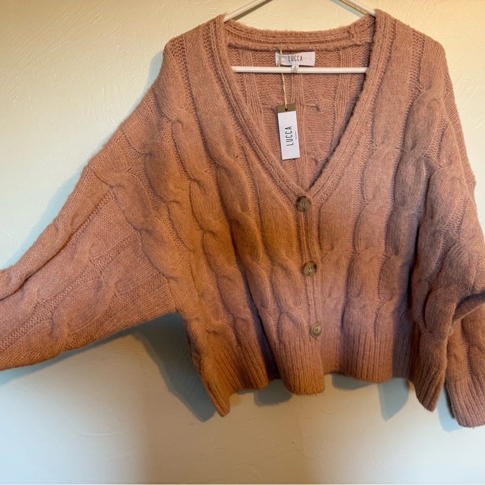 Lucca Women's Pink Cable Knit cardigan- Md